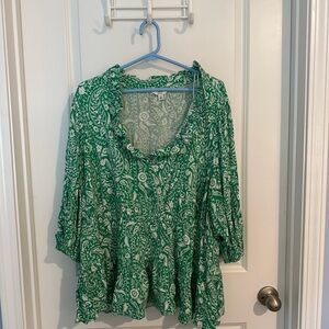 Crown & Ivy Green White Ruffled Tunic Top